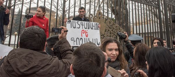 На митинге перед зданием НС РА журналисты и общественные активисты требуют официальных извинений от депутата Мгера Седракяна - Sputnik Армения