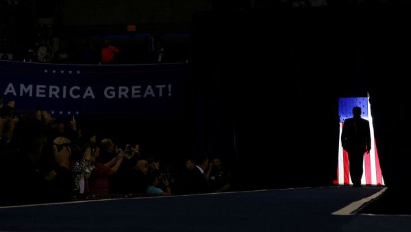 Силуэт президента США Дональда Трампа во время предвыборной кампании (11 октября 2019). Лейк-Чарльз - Sputnik Արմենիա