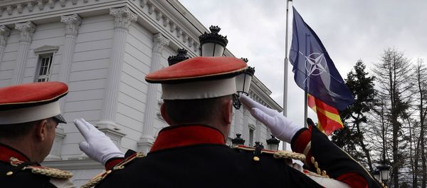 Македонские солдаты салютуют во время поднятия флага НАТО перед зданием правительства (12 февраля 2020). Скопье - Sputnik Արմենիա