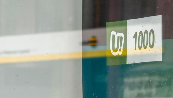 Отражение логотипа Beeline в витрине офиса компании Ucom - Sputnik Армения