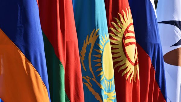 Государственные флаги на контрольно-пропускном пункте Ак-Жол на границе Киргизии и Казахстана. - Sputnik Армения