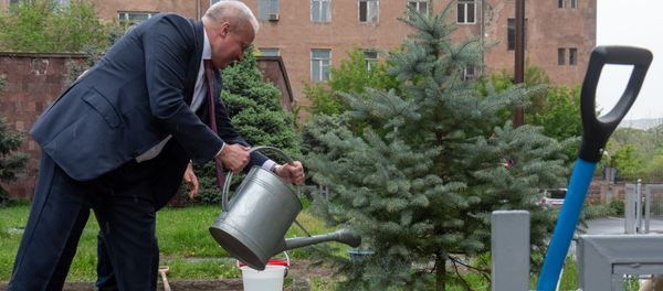 Посадка ели ко Дню Великой Победы во дворе посольства России в Армении (5 мая 2020). Еревaн Посадка ели ко Дню Великой Победы во дворе посольства России в Армении (5 мая 2020). Еревaн - Sputnik Армения