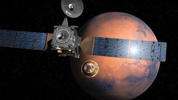 Изображение ExoMars 2016 во время отстыковки посадочного модуля на фоне Марса - Sputnik Армения