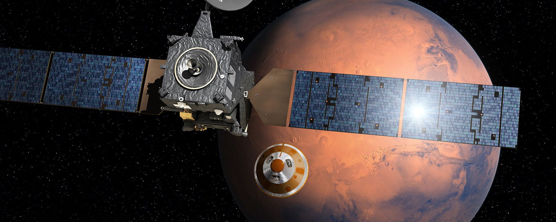 Изображение ExoMars 2016 во время отстыковки посадочного модуля на фоне Марса - Sputnik Армения, 1920, 27.12.2024