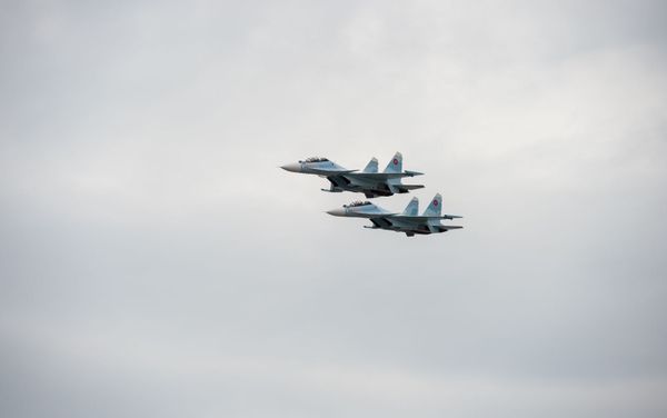 Истребители Су-30 СМ в небе над парком Победы во время авиапарада (9 мая 2020). Еревaн - Sputnik Армения
