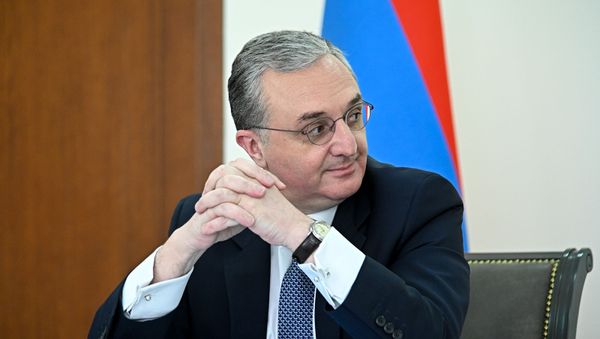 Министр иностранных дел Армении Зограб Мнацаканян на заседании Совета МИД стран членов ОДКБ в формате видеоконференции (26 мая 2020). Еревaн - Sputnik Армения