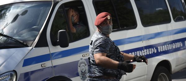 Полиция пытается поддержать порядок у здания СНБ, где собралась толпа в поддержку Гагика Царукяна (14 июня 2020). Еревaн - Sputnik Армения