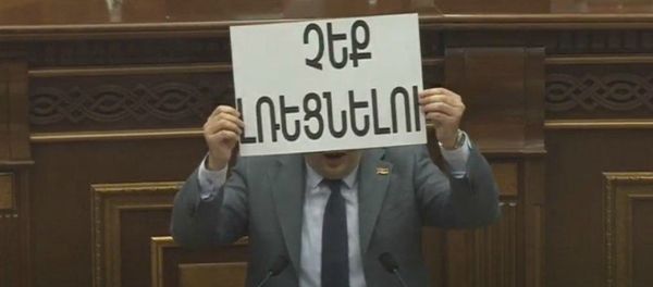 Депутат Ваге Энфиаджян с плакатом в руках на заседании Парламента по вопросу лишения Гагика Царукяна депутатской неприкосновенности (16 июня 2020). Еревaн Депутат Ваге Энфиаджян с плакатом в руках на заседании Парламента по вопросу лишения Гагика Царукяна депутатской неприкосновенности (16 июня 2020). Еревaн - Sputnik Армения