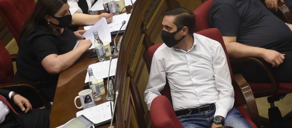 Депутаты Арман Абовян и Ивета Тоноян на заседании Парламента по вопросу лишения Гагика Царукяна депутатской неприкосновенности (16 июня 2020). Еревaн - Sputnik Արմենիա