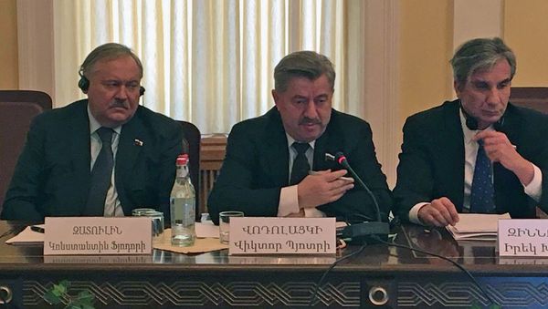 Совместное заседание постоянной комиссии по внешним сношениям НС РА и комитета Госдумы по делам СНГ, Евразийской интеграции и связям с соотечественниками Федерального собрания РФ. Константин Затулин и Виктор Водолацкий - Sputnik Армения