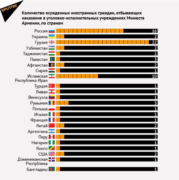 Количество осужденных иностранных граждан, отбывающих наказание в УИУ минюста Армении, по странам Количество осужденных иностранных граждан, отбывающих наказание в УИУ минюста Армении, по странам - Sputnik Армения